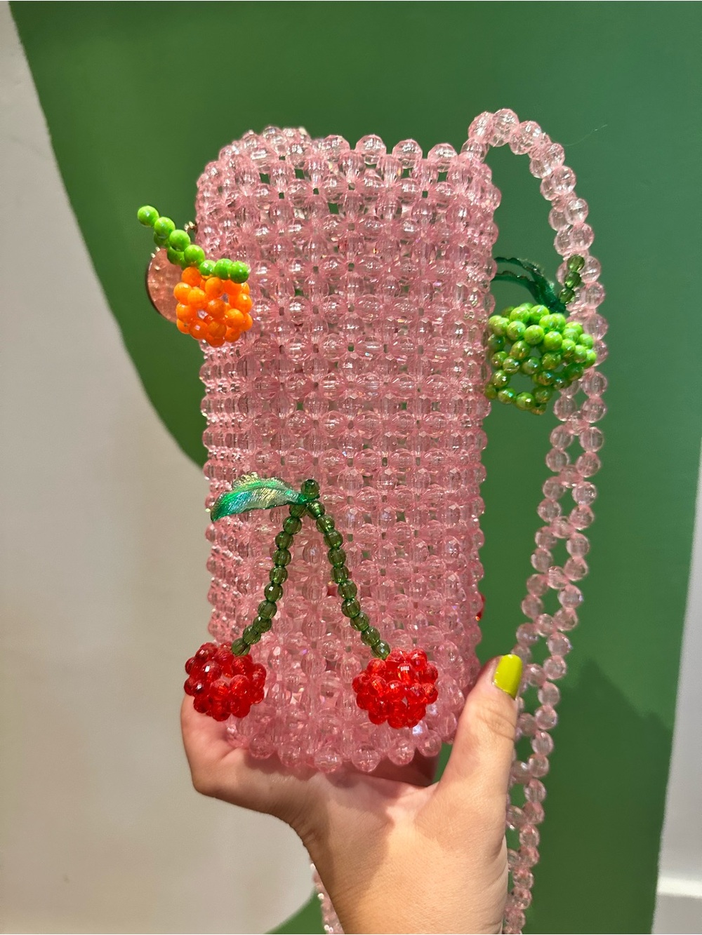 Susan Alexandra Pink Beaded Cherry & Fruit Phone Bag